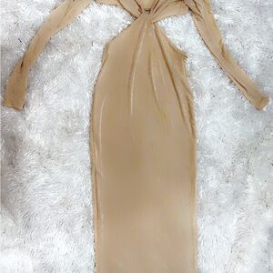 Peppermayo Tan Asymmetrical Long Sleeve Bodycon Dress